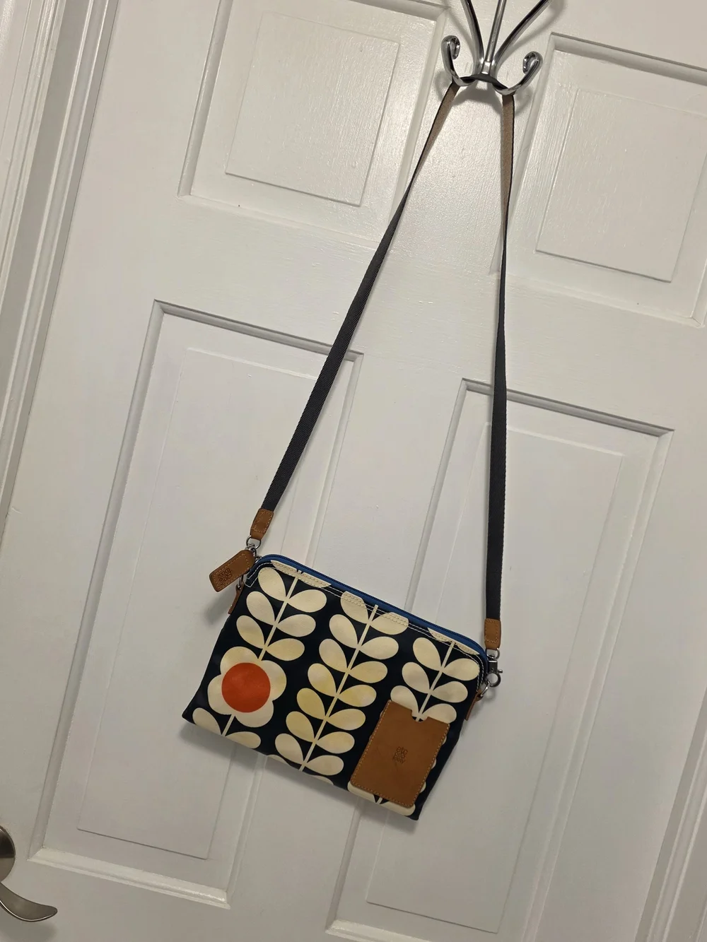 Orla Kiely Navy Crossbody/Clutch W/ Cream Stem Pattern & Orange Dot Lightweight